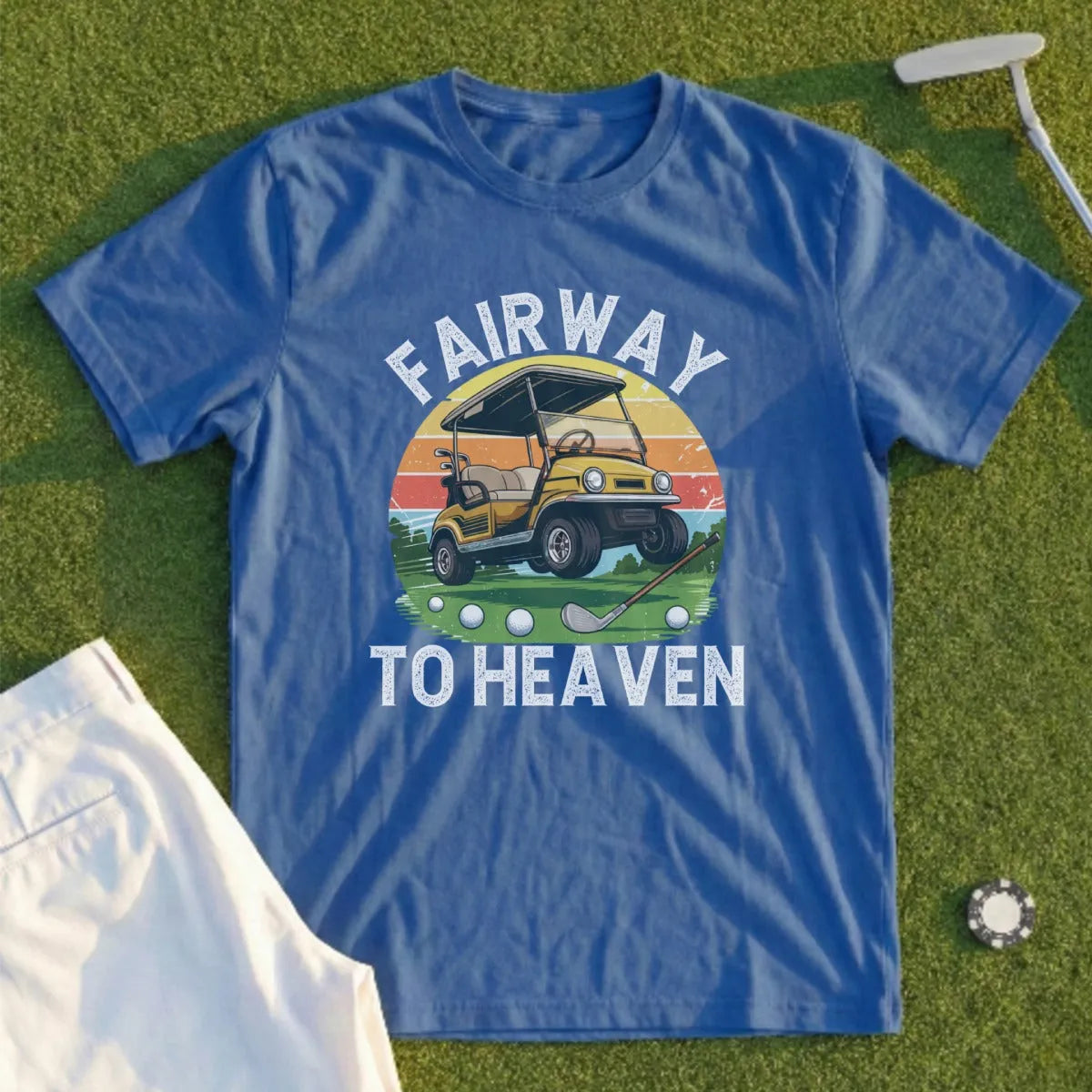 Blue t-shirt with "Fairway to Heaven" text and golf cart graphic.