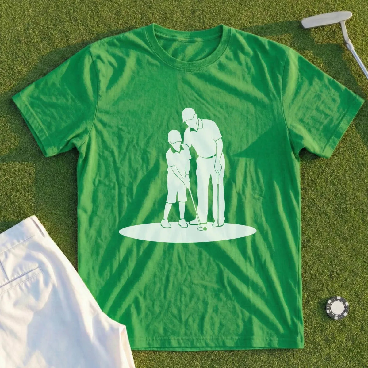 Green t-shirt with white graphic of an adult teaching a child to golf.