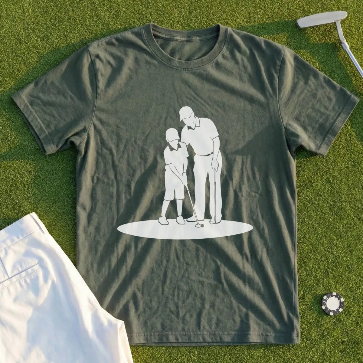 Golfer and child practicing putting on green, with golf ball marker.