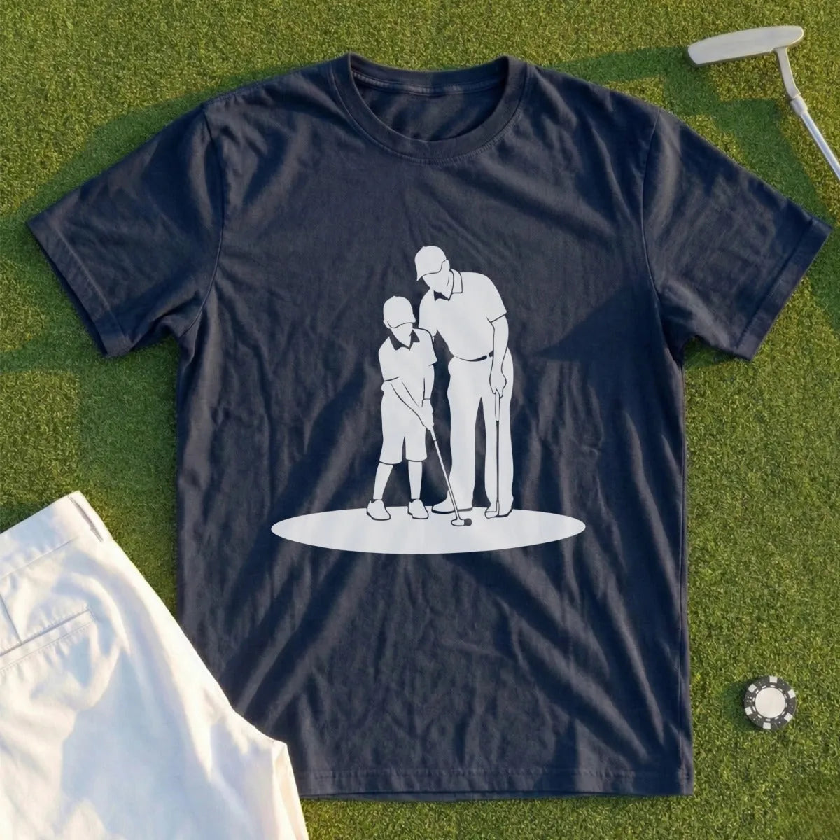 Adult and child golfing silhouette on dark blue t-shirt.