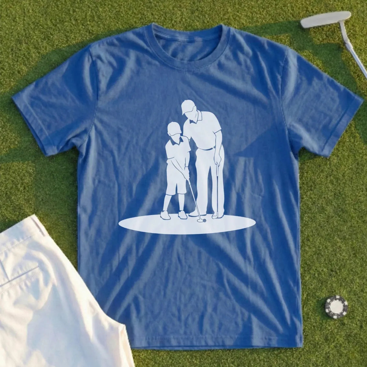 Adult golfer teaching a child to putt on a green.