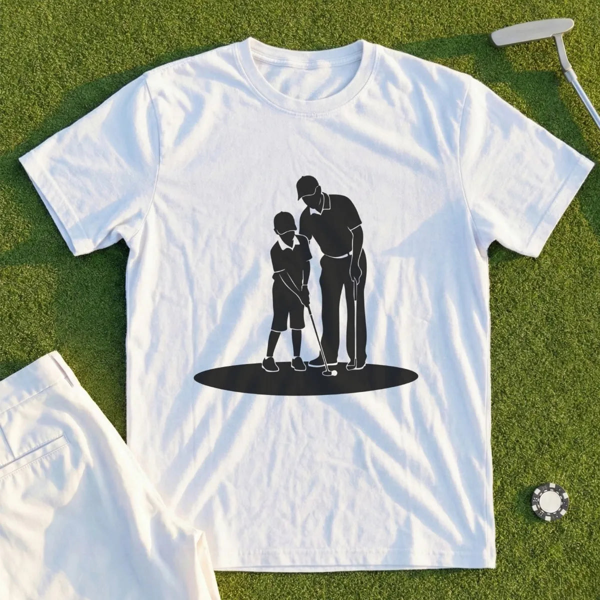White t-shirt with black silhouette of father and son golfing on grass.