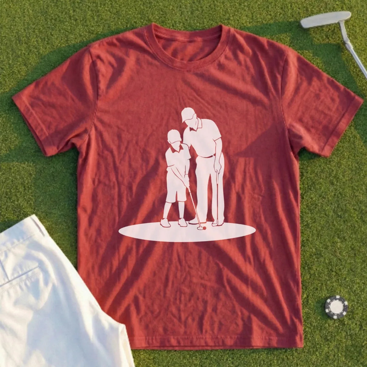 T-shirt graphic of an adult teaching a child to golf on green turf.