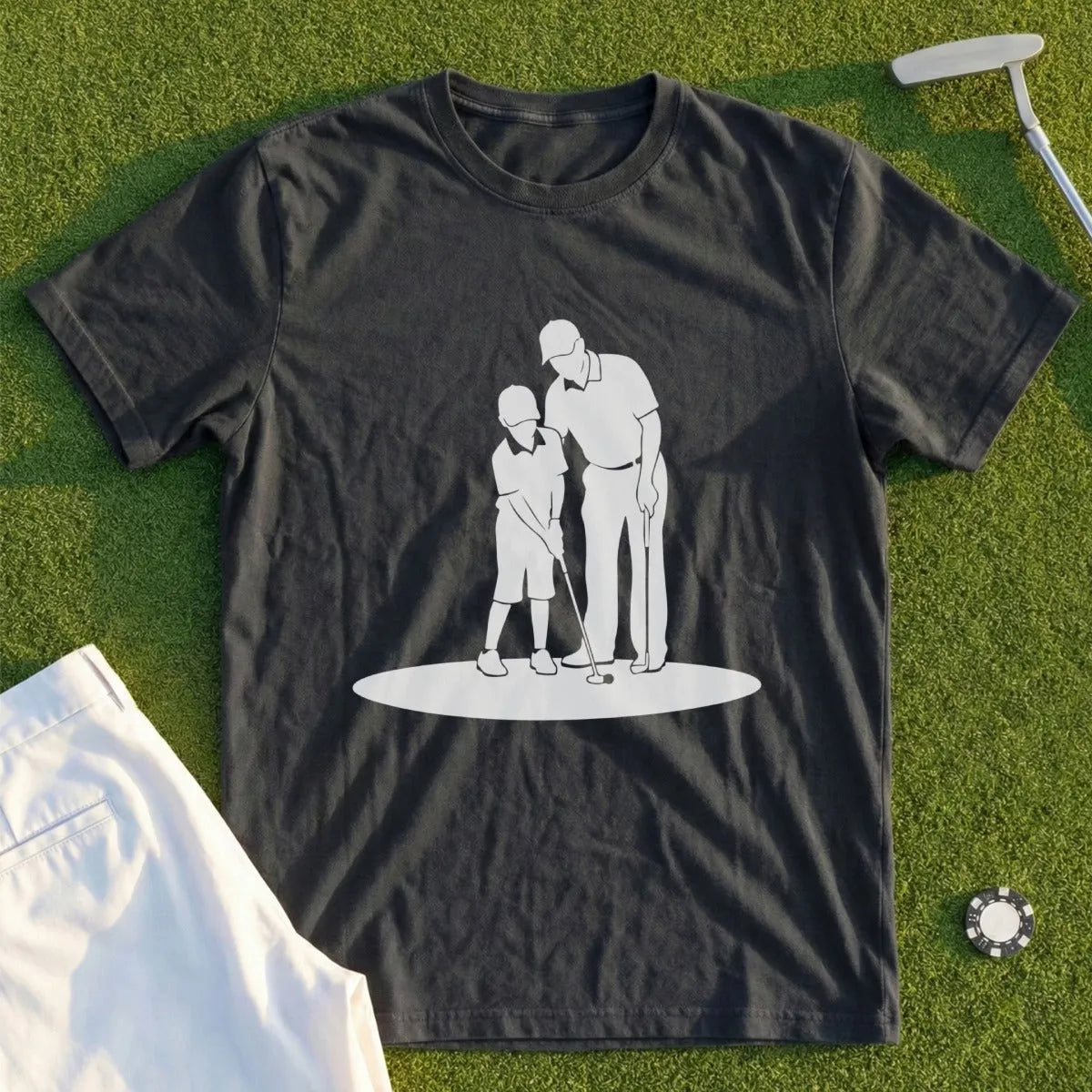 T-shirt graphic of adult teaching child to golf on a putting green.
