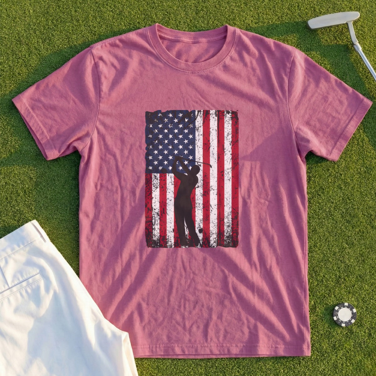 T-shirt with distressed American flag and golfer silhouette.