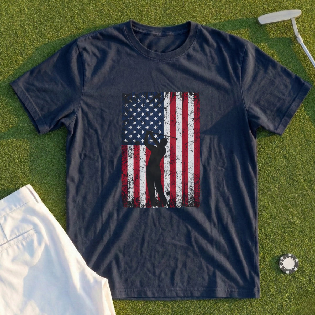 Navy t-shirt with distressed American flag and golfer silhouette.