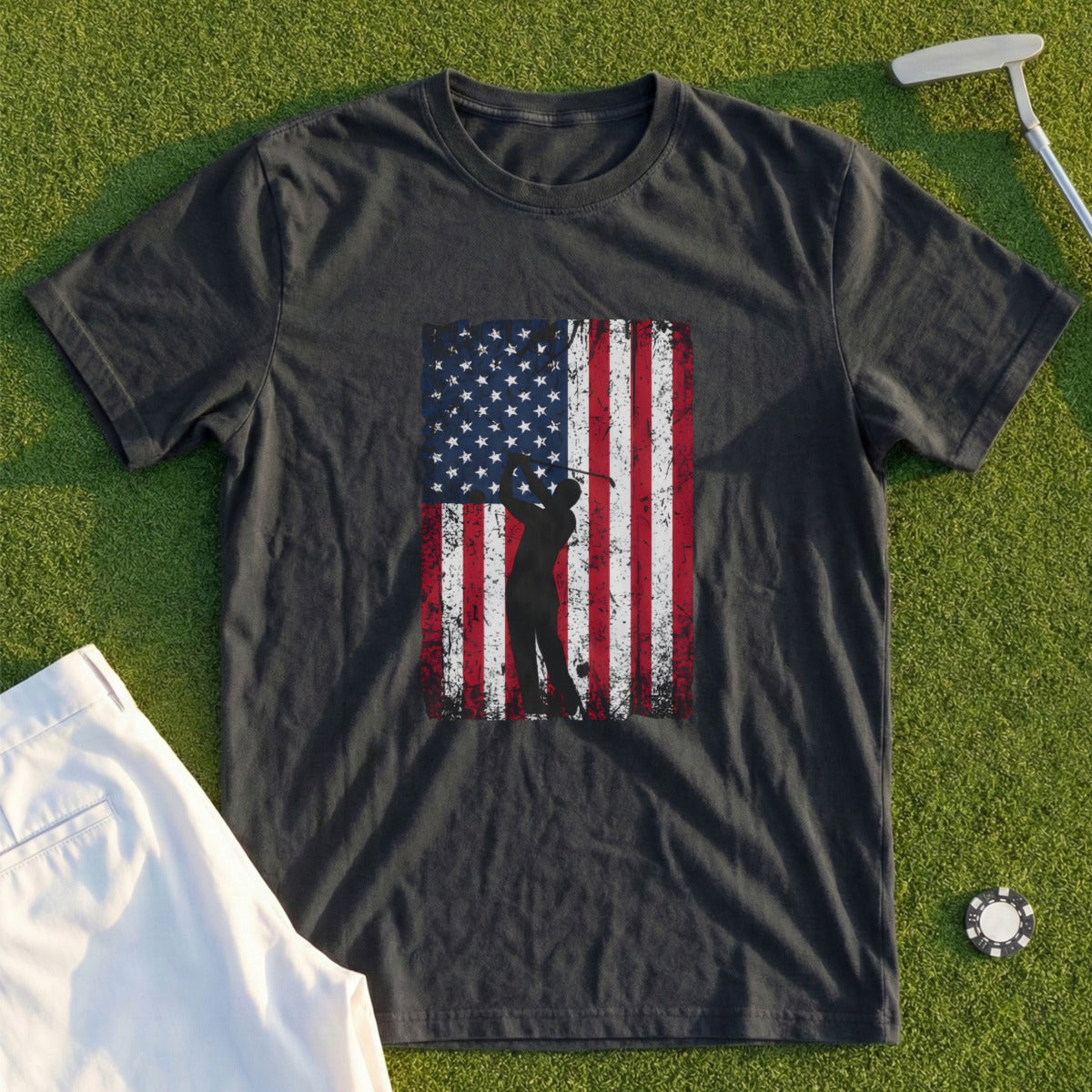 Dark t-shirt with distressed American flag and golfer silhouette.
