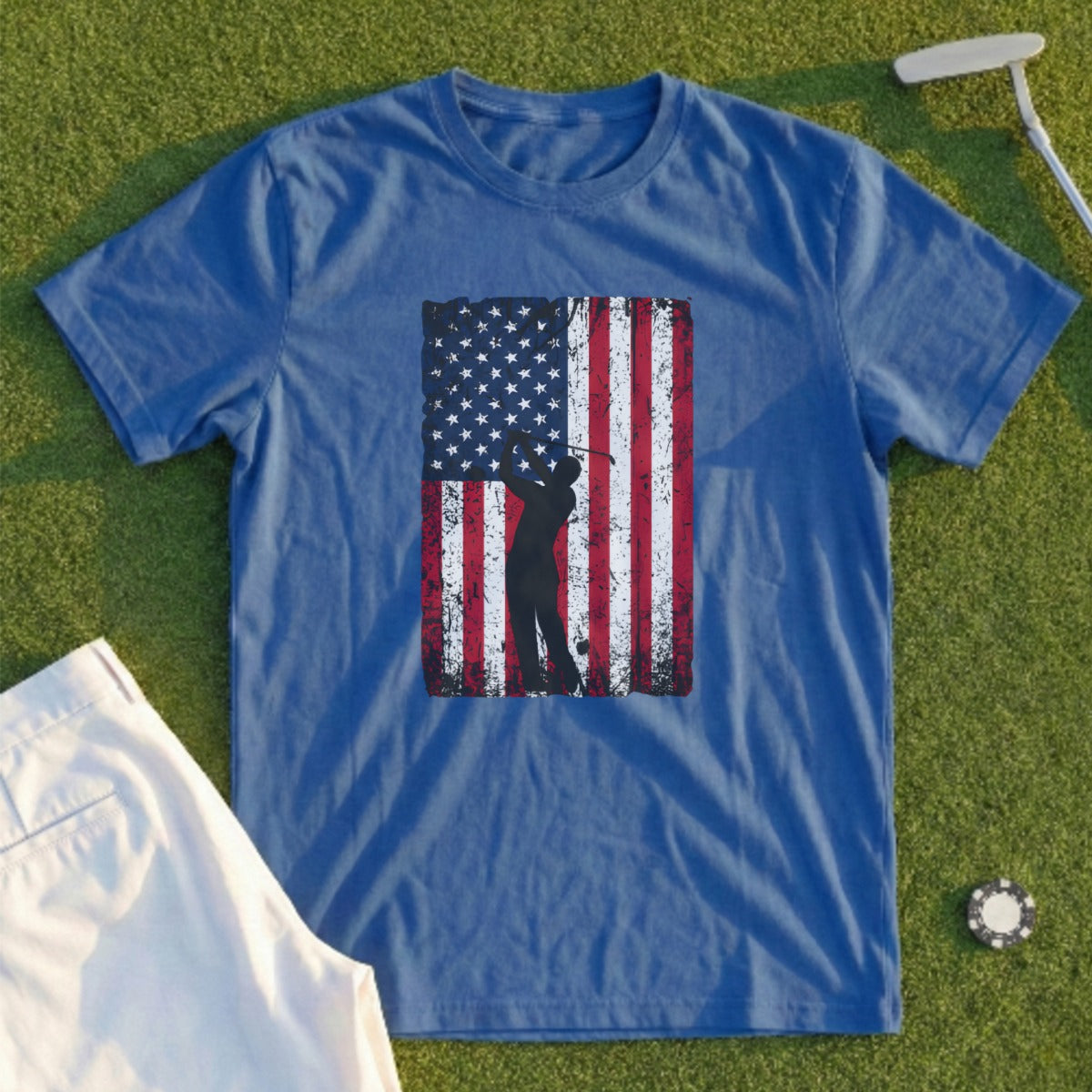 Blue t-shirt with distressed American flag and golfer silhouette.