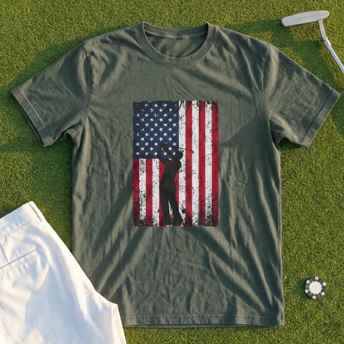Green t-shirt with distressed American flag and golfer silhouette.