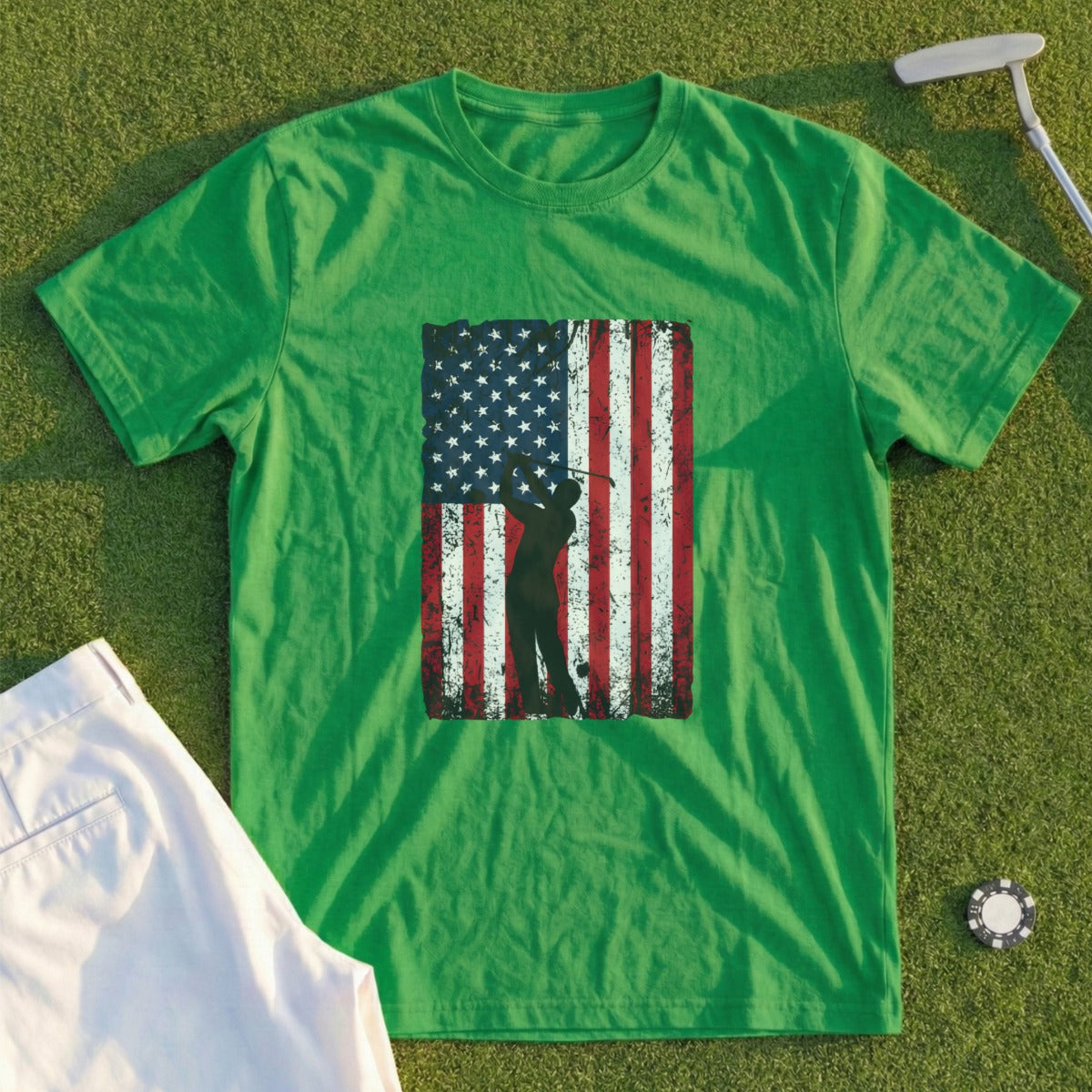 Green t-shirt with distressed American flag and golfer graphic.