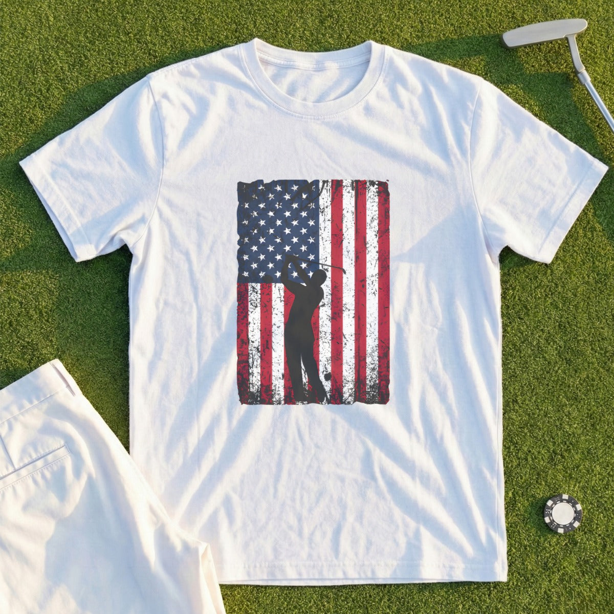 White t-shirt with distressed American flag graphic and golfer silhouette.