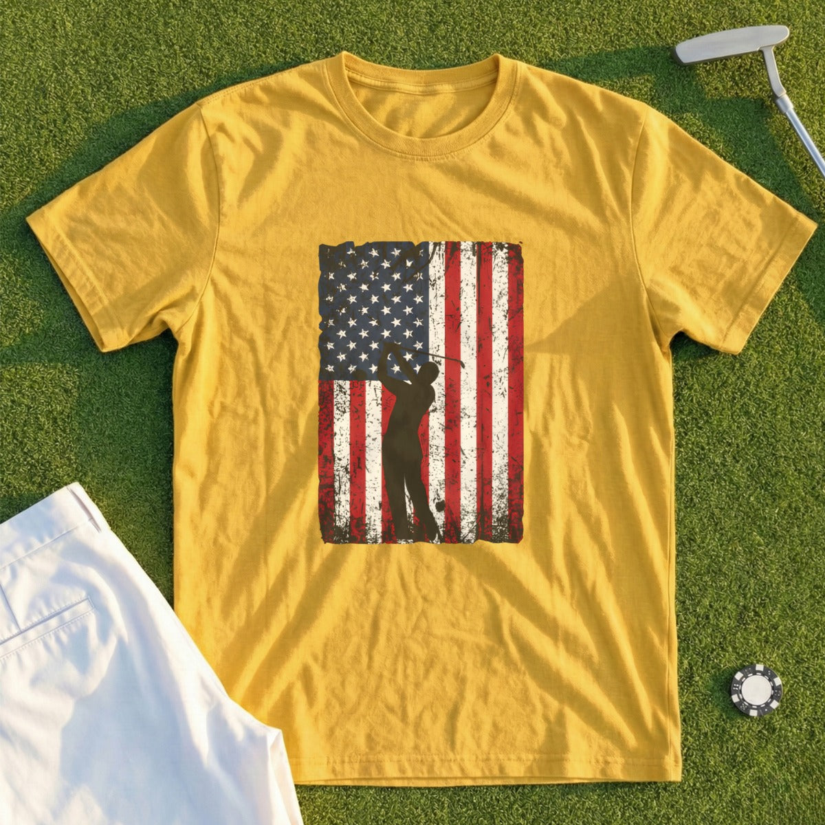 Yellow t-shirt with distressed American flag and golfer silhouette.