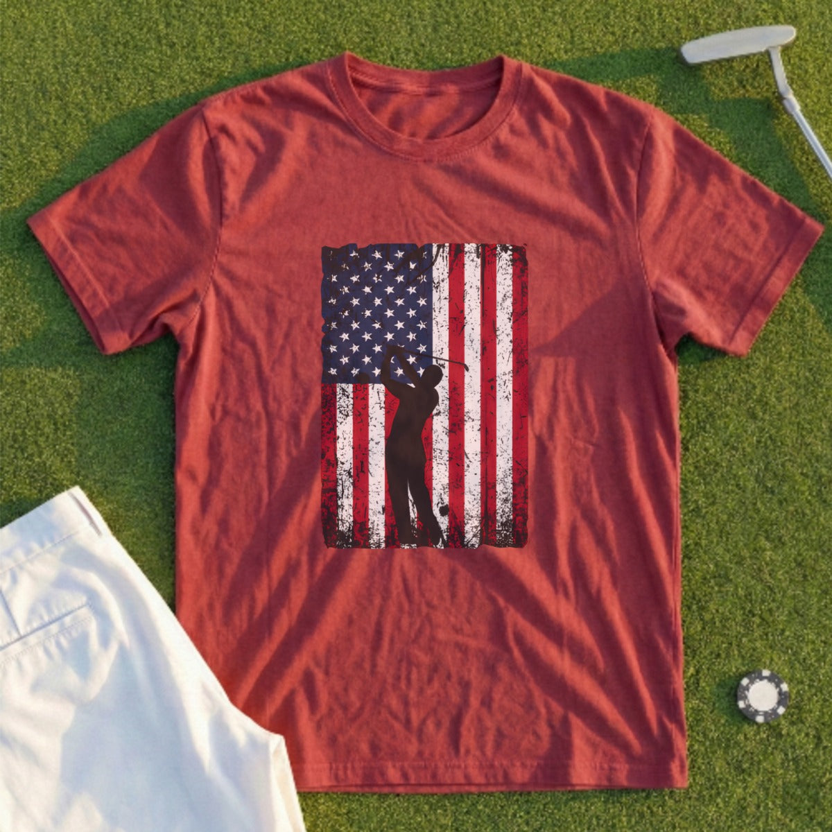 Red t-shirt with distressed American flag and golfer silhouette.