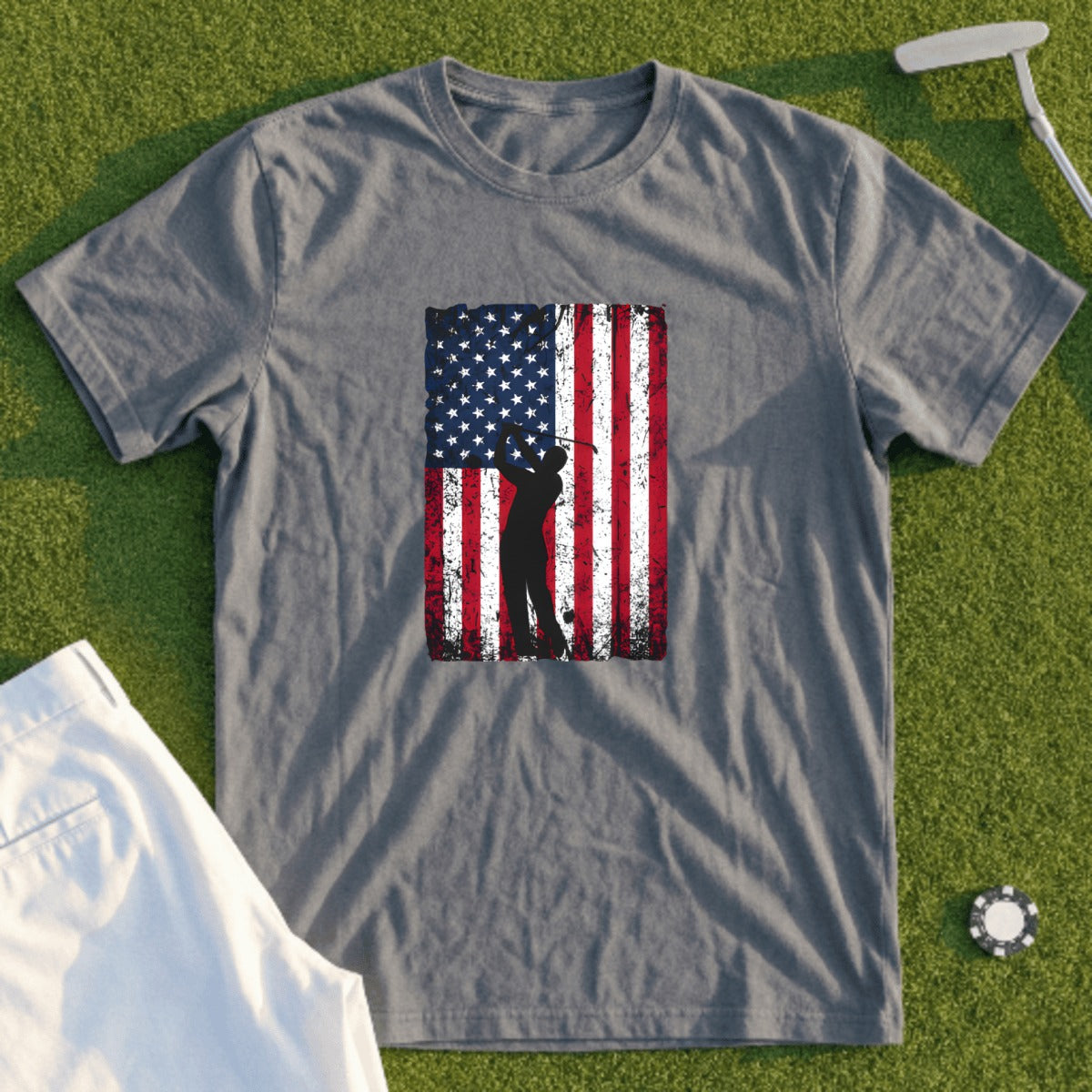 Gray t-shirt with distressed American flag and golfer silhouette graphic.