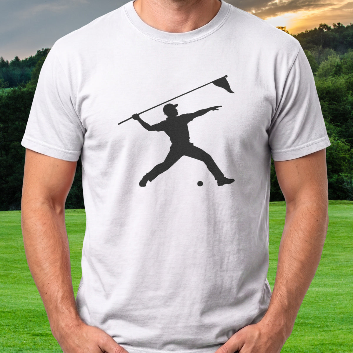 Flagstick Thrower Tee worn on the golf course, White