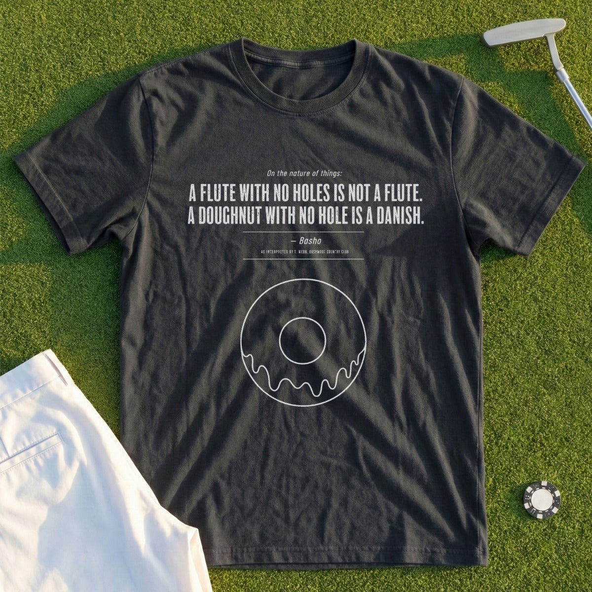 T-shirt with a donut graphic and a quote about donuts and flutes.