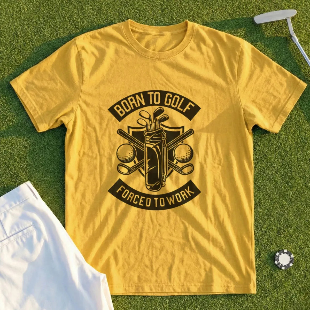 Yellow t-shirt with "Born to Golf Forced to Work" golf graphic.