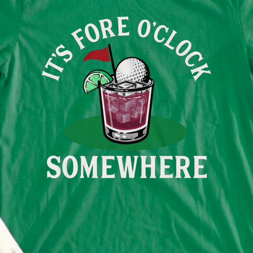 Fore O'Clock Somewhere Tee, print close-up on Irish Green
