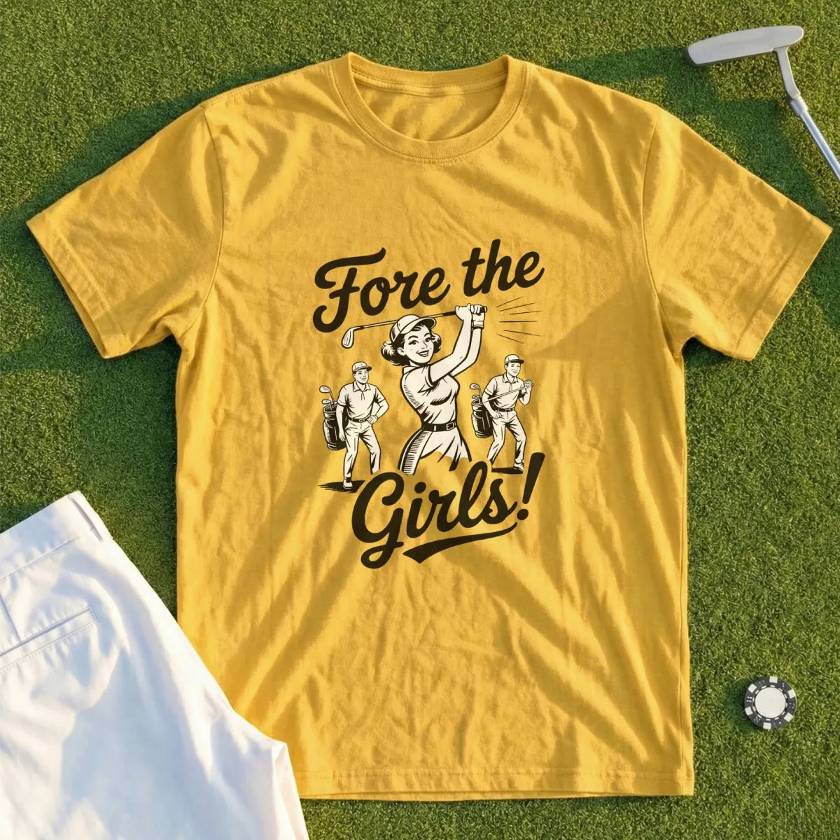 Yellow t-shirt with "Fore the Girls!" text and golfers graphic.