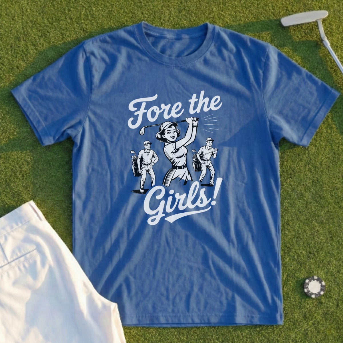 Blue t-shirt with "Fore the Girls!" slogan and cartoon golfers.