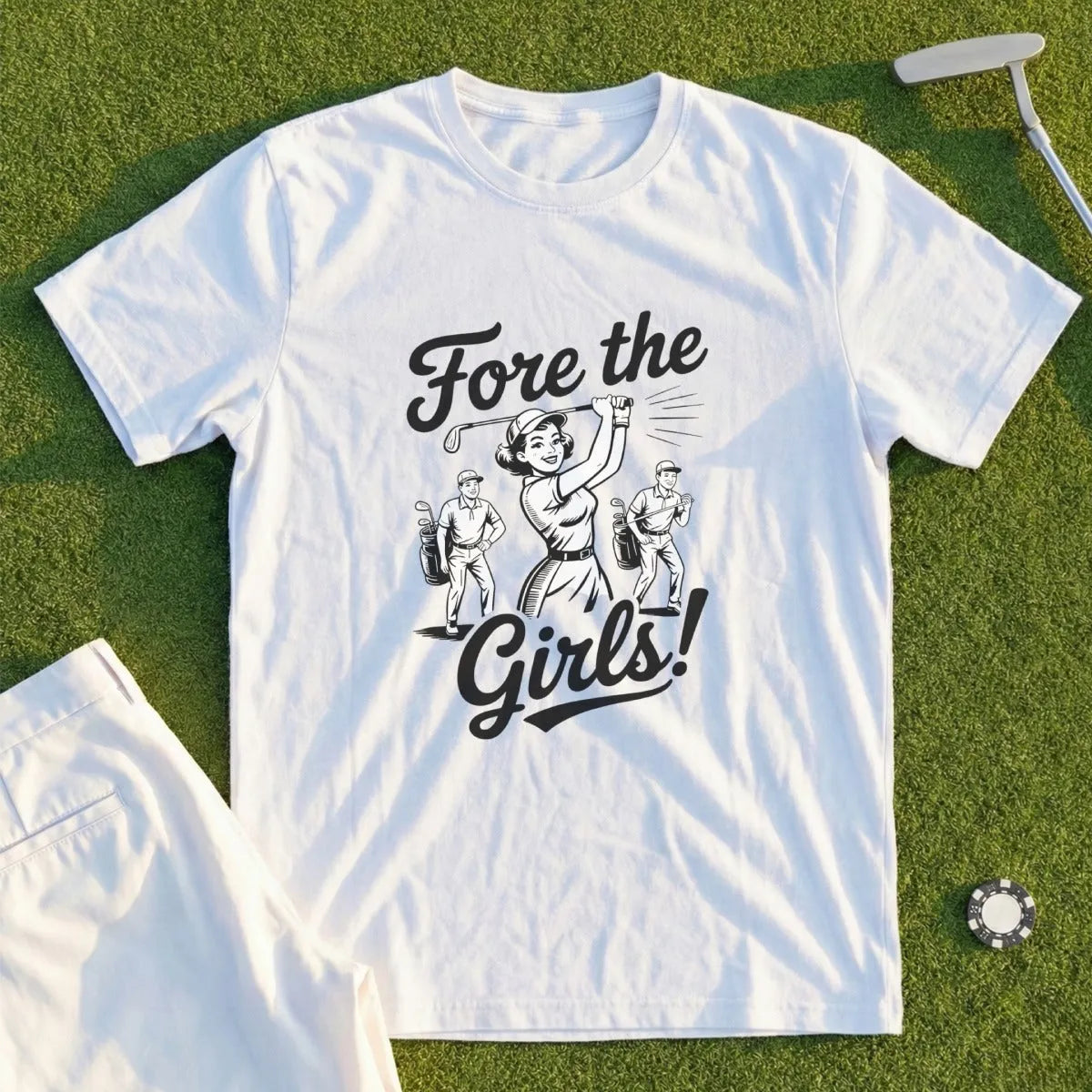 White t-shirt with "Fore the Girls!" text and vintage golf illustrations.