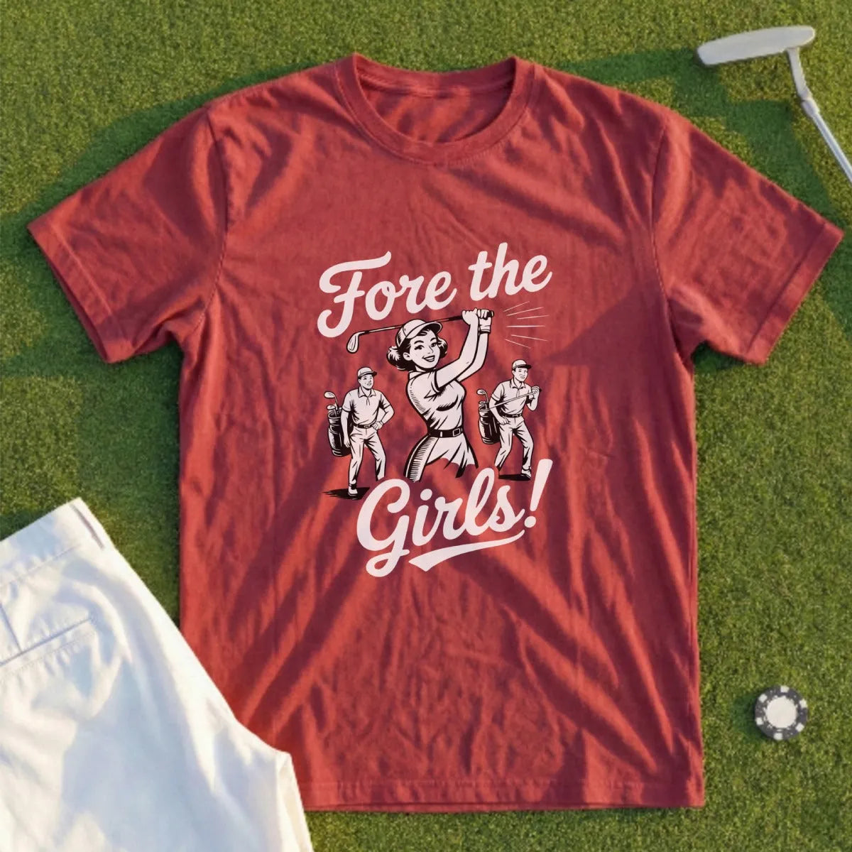 Maroon t-shirt with "Fore the Girls!" text and graphic of women golfers.