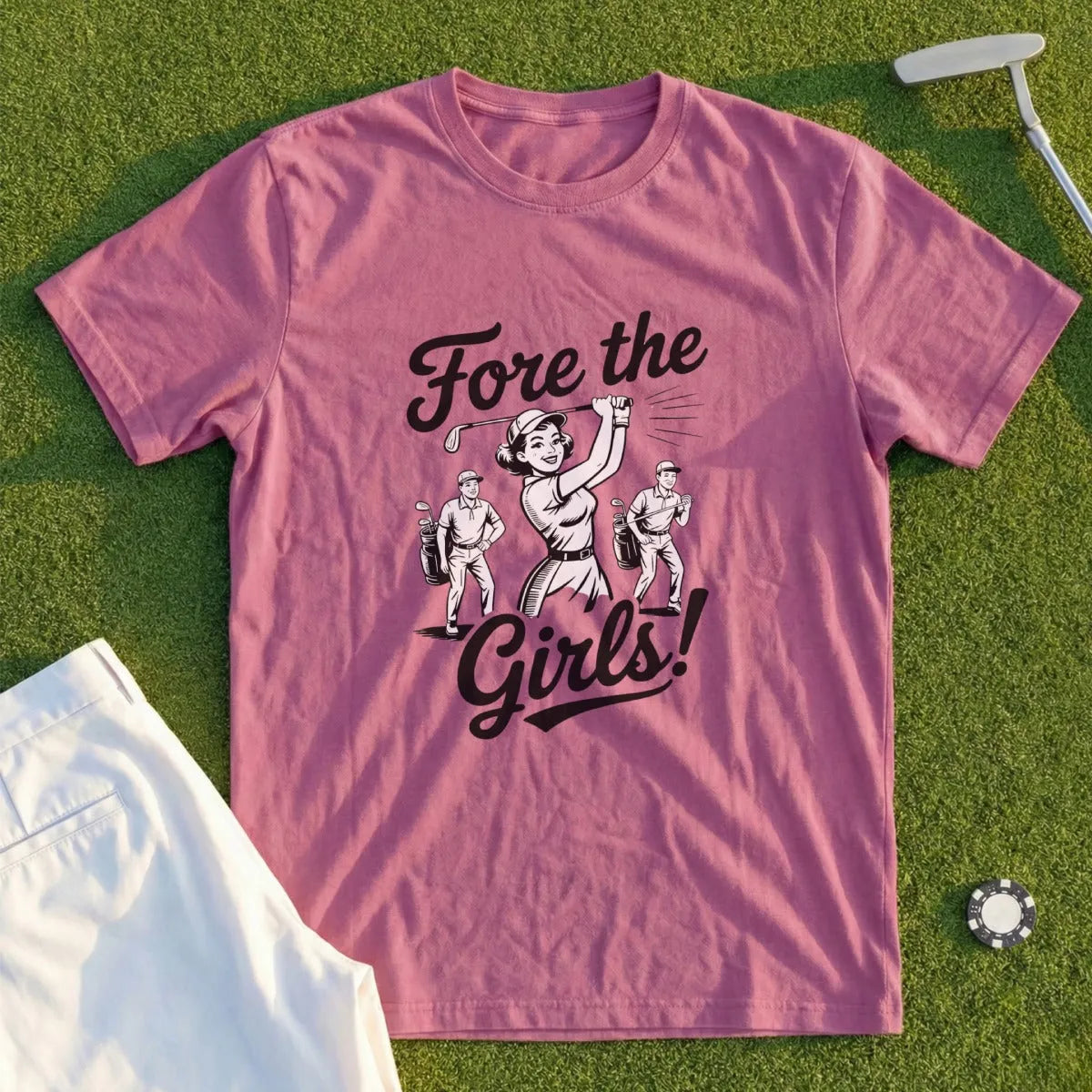 Pink t-shirt with "Fore the Girls!" text and cartoon golfers.