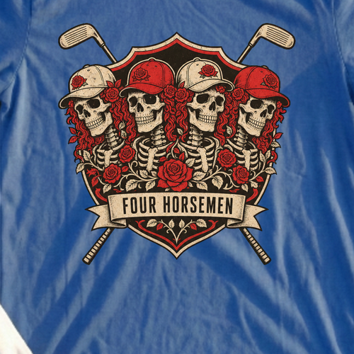 Four Horsemen Tee, print close-up on Royal