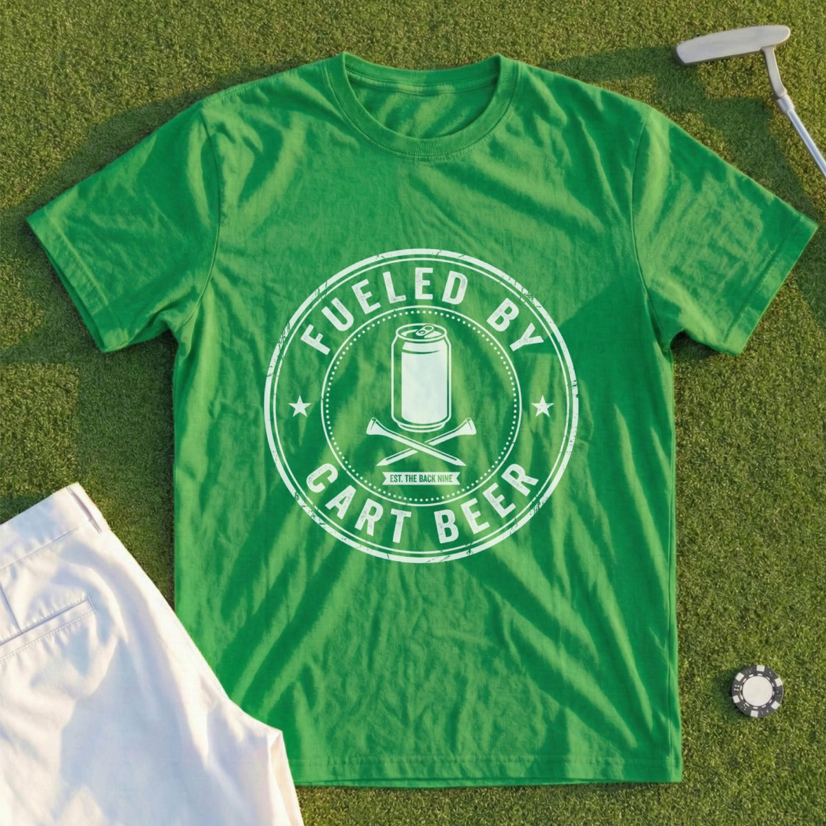 Green t-shirt with "Fueled by Cart Beer" and a beer can graphic.