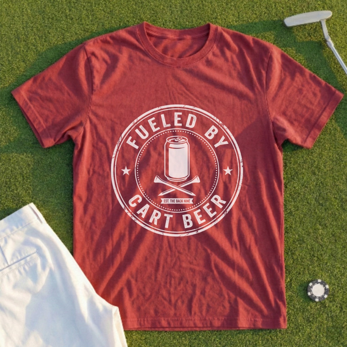 Maroon t-shirt with "Fueled by Cart Beer" and a beer can graphic.