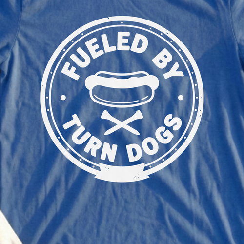 Fueled By Turn Dogs Tee, print close-up on Royal