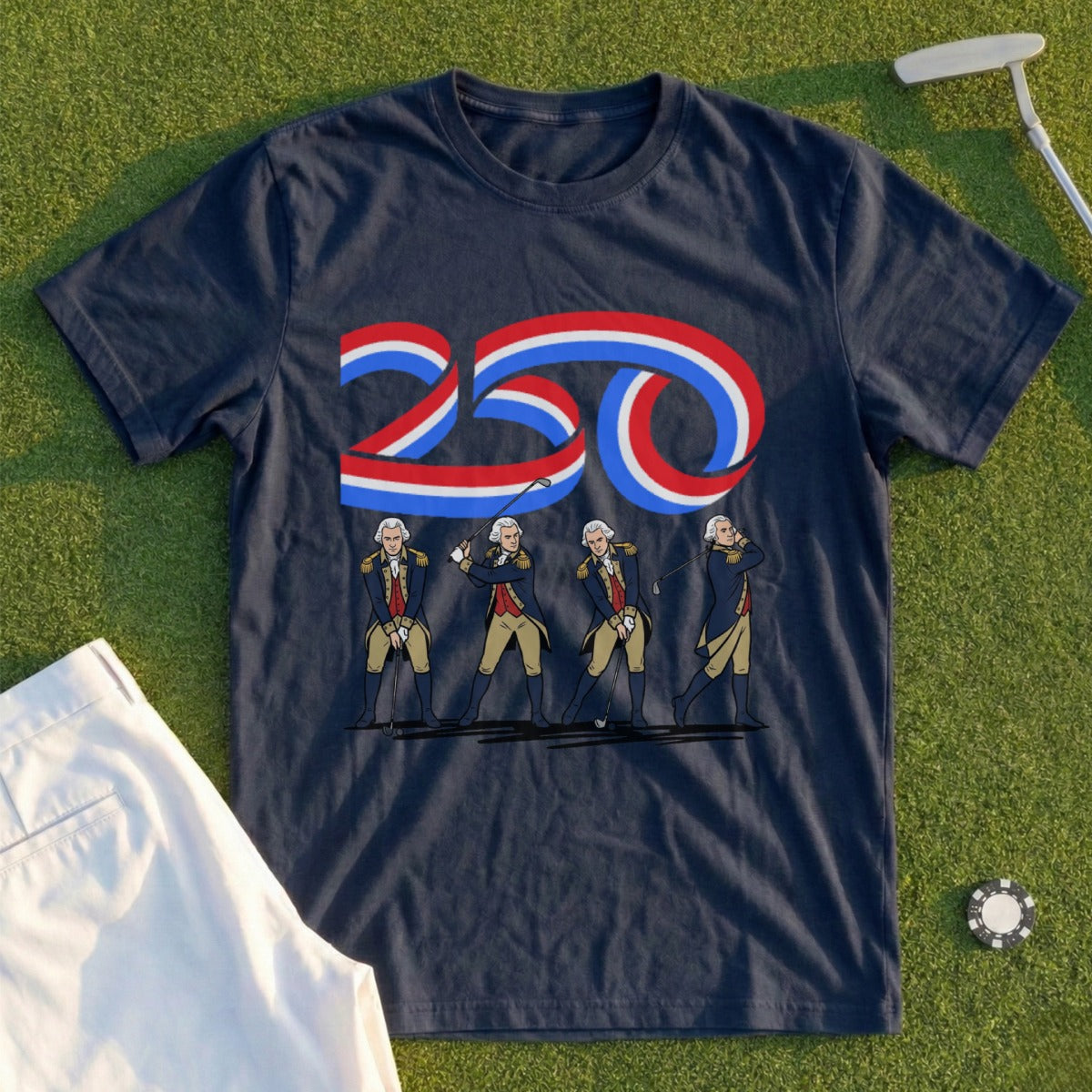 T-shirt with "250" motif and four founding fathers playing golf.