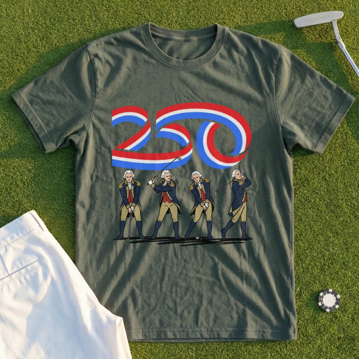 T-shirt with red, white, and blue "250" and four caricatures of George Washington golfing.