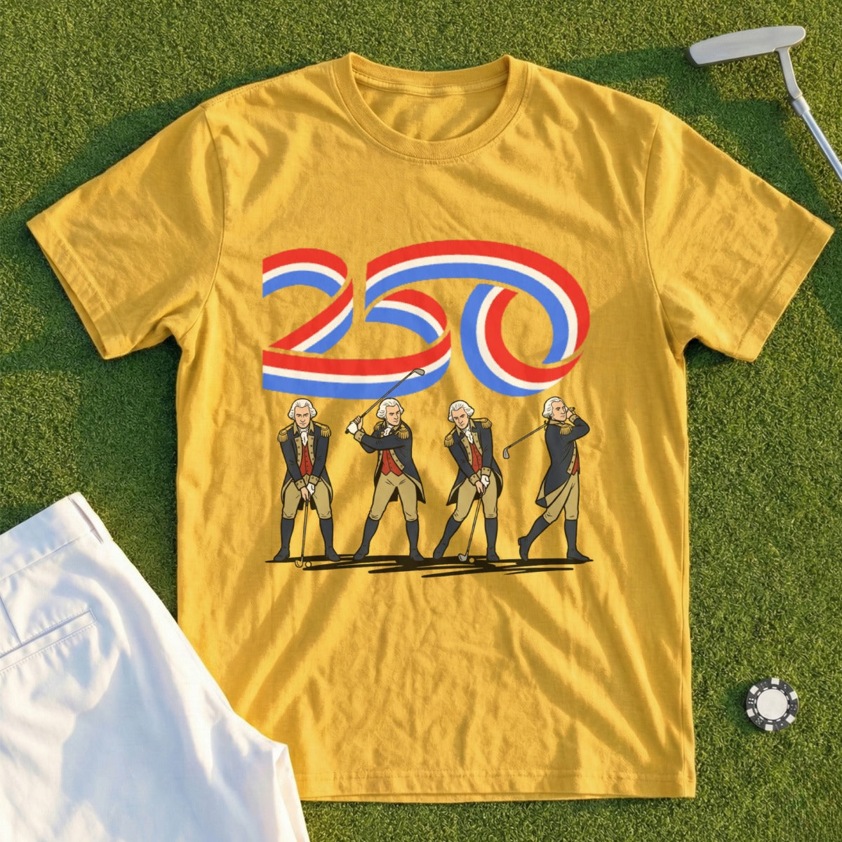 Yellow t-shirt with "250" motif and four figures in colonial attire golfing.