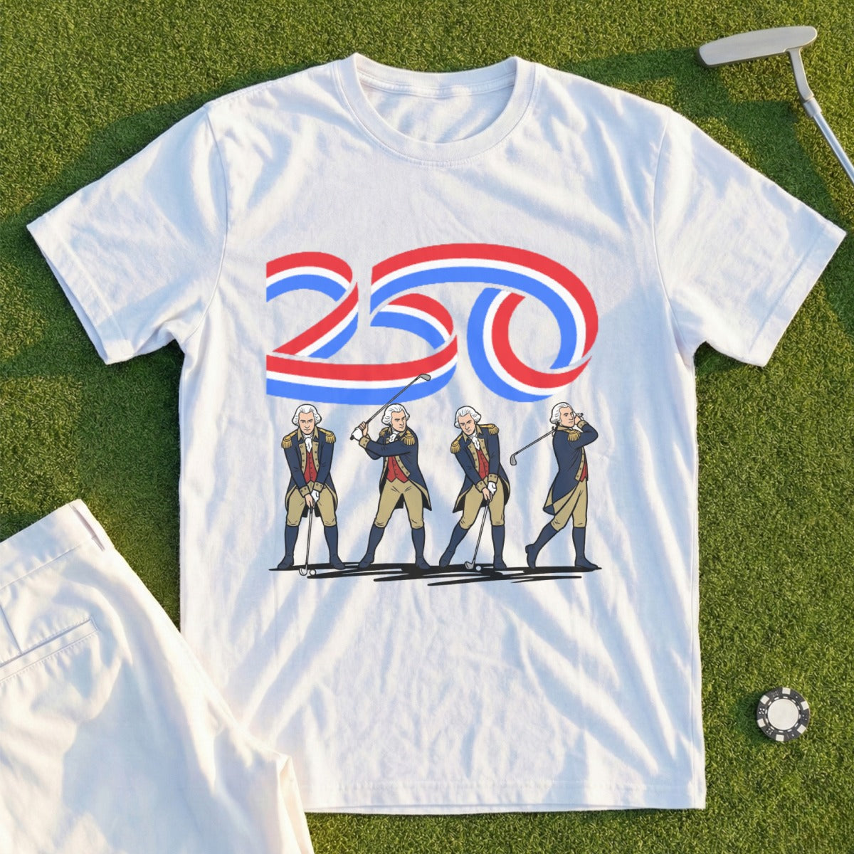 White t-shirt with patriotic design featuring historical figures golfing.