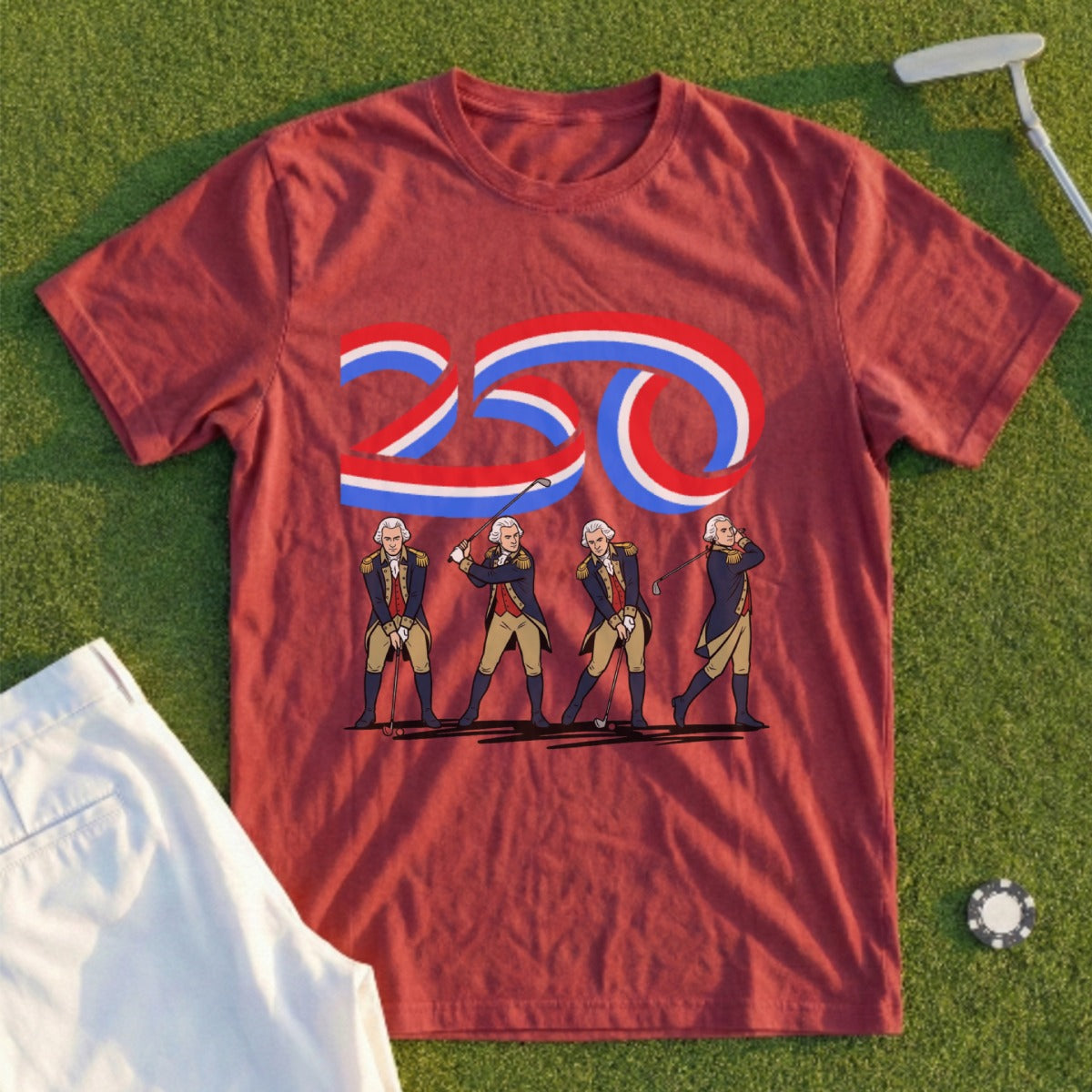 T-shirt with George Washington swinging a golf club and "250" text.