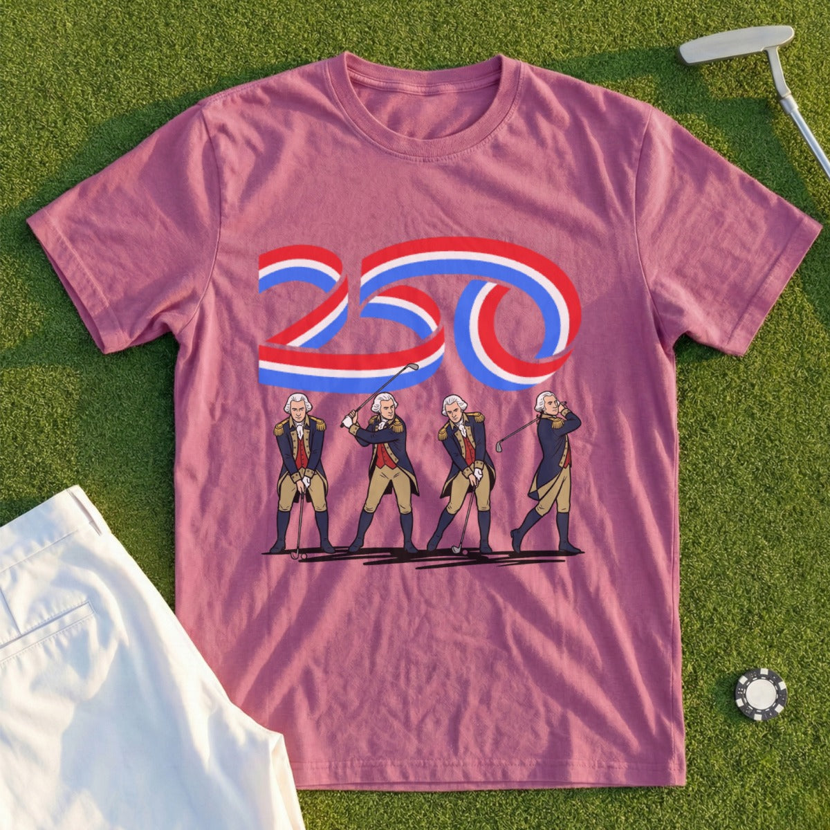 Pink t-shirt with George Washington golfing and "250" in patriotic colors.