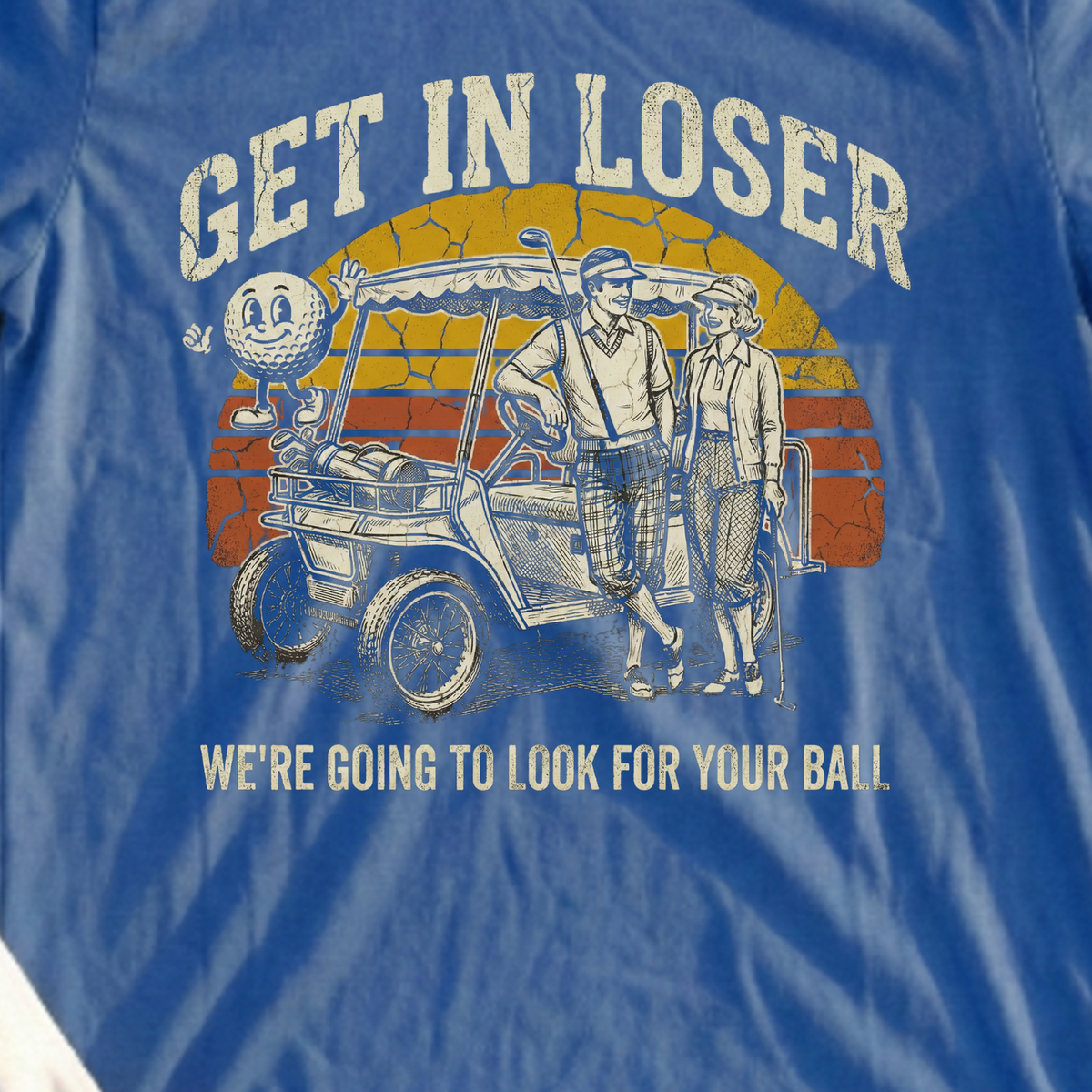 Get In Loser Retro Tee, print close-up on Royal