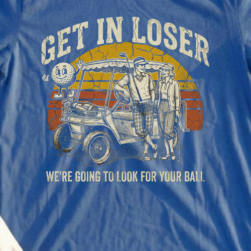 Get In Loser Retro Tee, print close-up on Royal