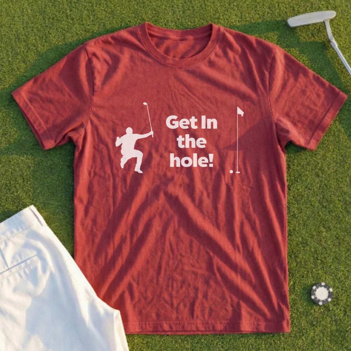 Red t-shirt with "Get in the hole!" text and golfer graphic.