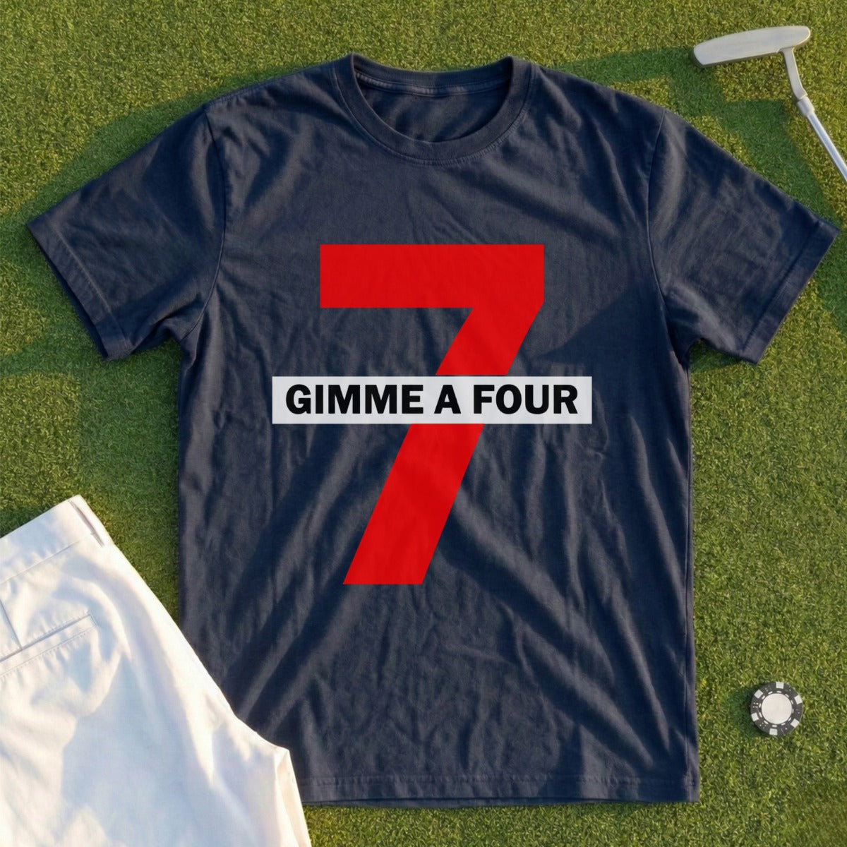 Navy t-shirt with a large red "7" and "Gimme a Four" text.