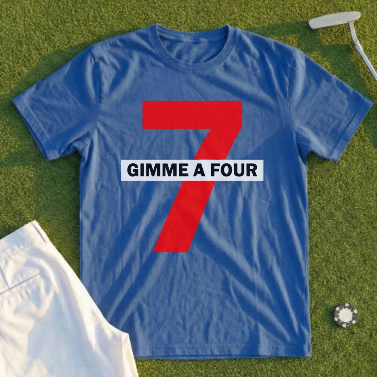 Blue t-shirt with large red "7" and white text "GIMME A FOUR".