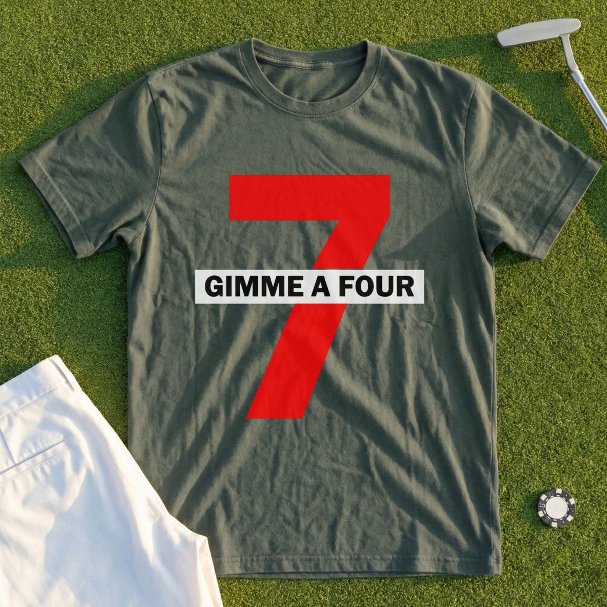 Olive green t-shirt with large red "7" and white text "GIMME A FOUR".