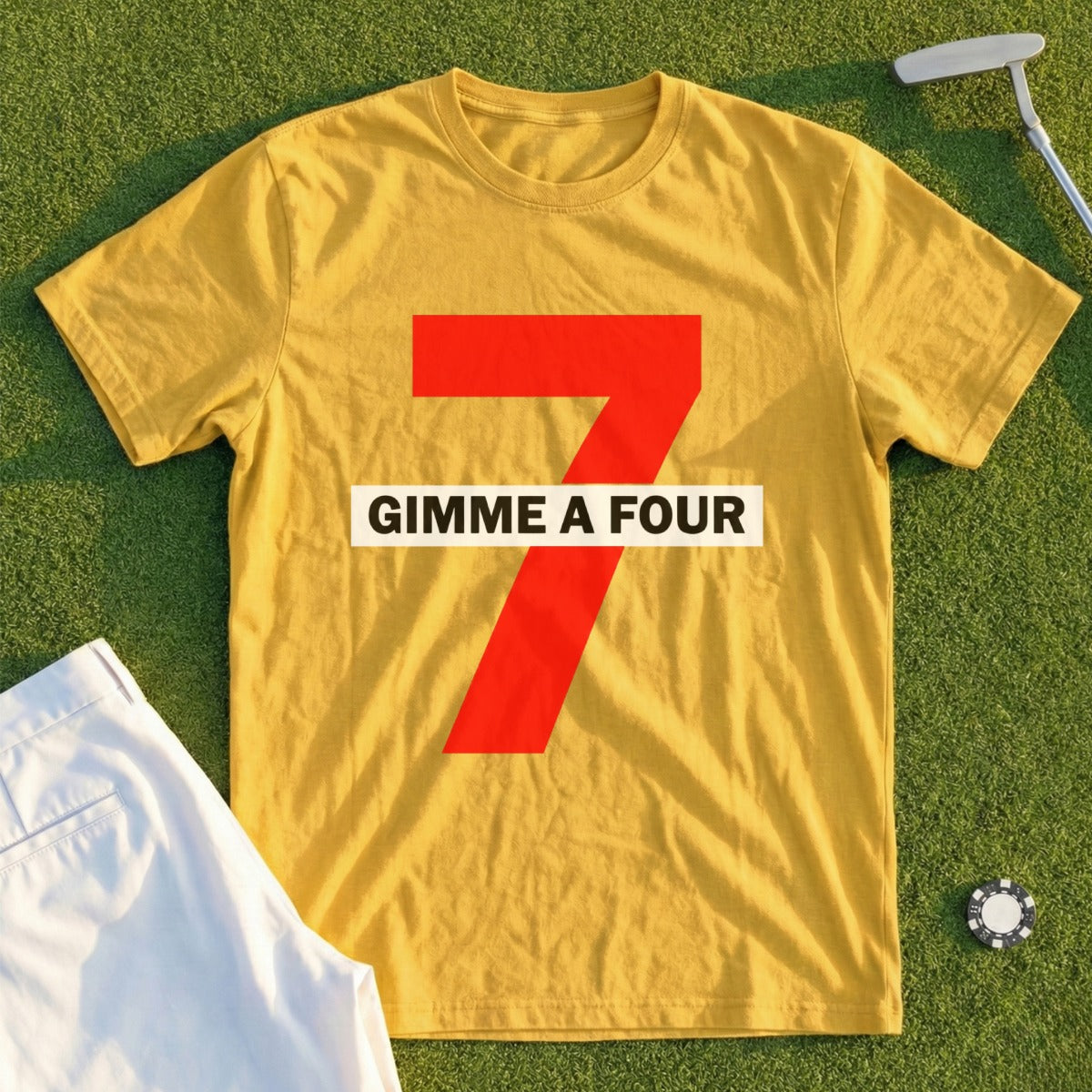 Yellow t-shirt with large red number 7 and text "GIMME A FOUR".