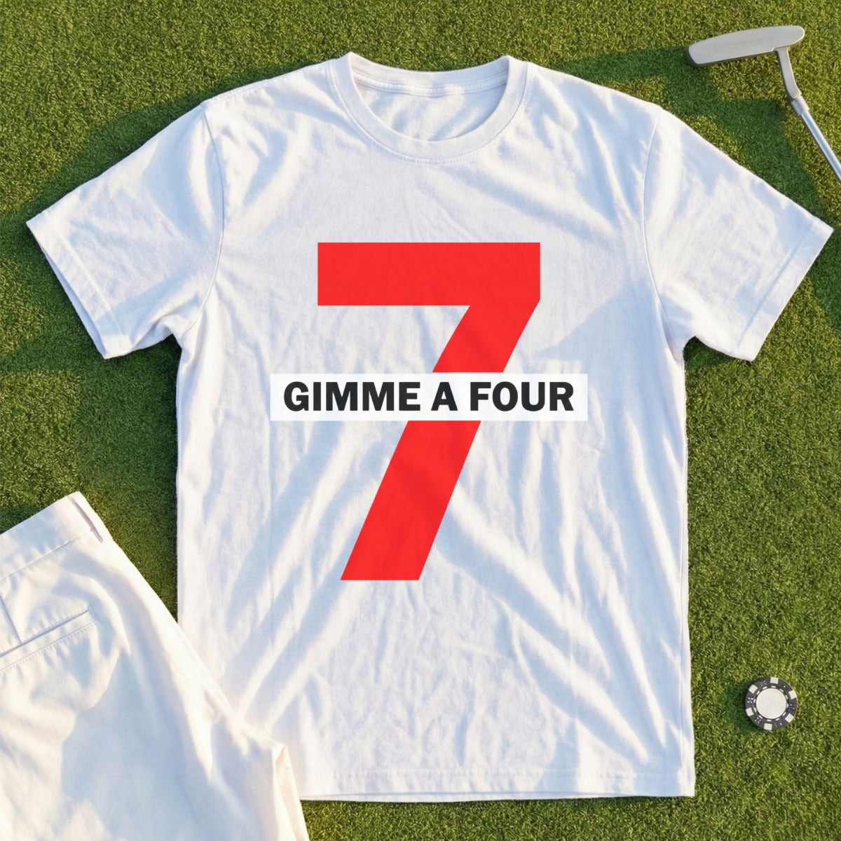 White t-shirt with a large red number seven and "GIMME A FOUR" text.