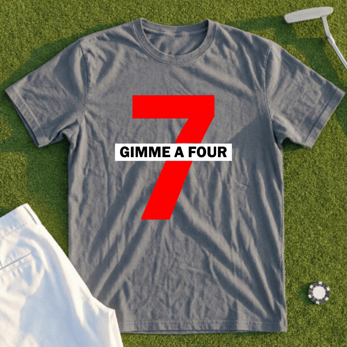 Grey t-shirt with large red "7" and "GIMME A FOUR" text.
