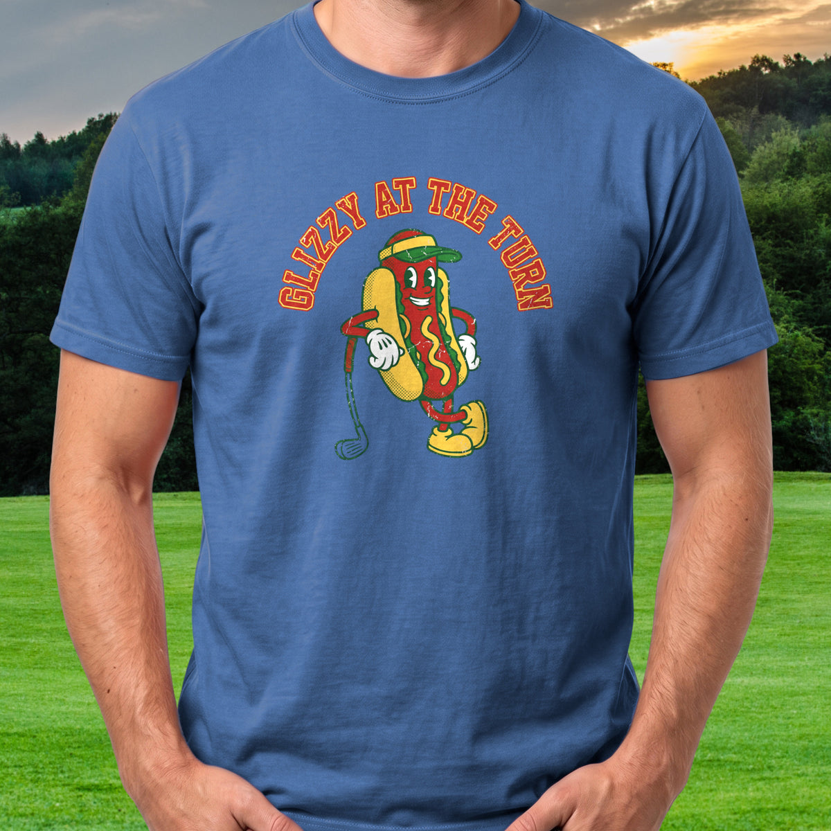 Glizzy At The Turn Tee worn on the golf course, Royal