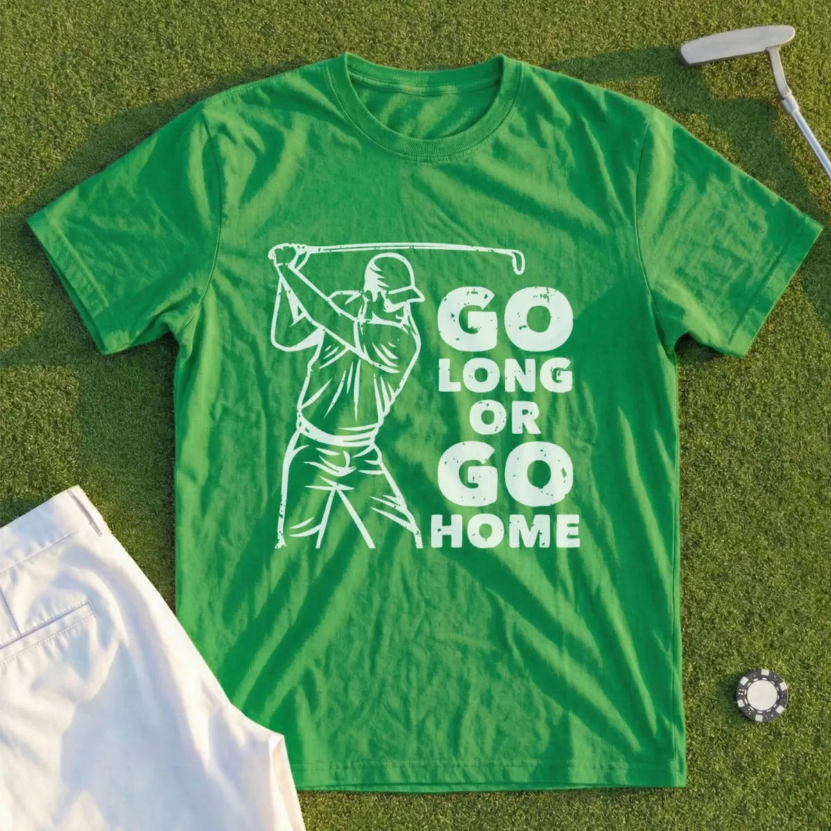 Green t-shirt with white text "GO LONG OR GO HOME" and a golfer graphic.