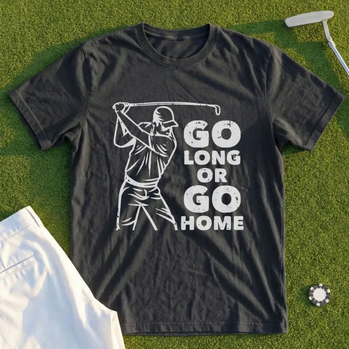 Dark t-shirt with "GO LONG OR GO HOME" and a golfer illustration.