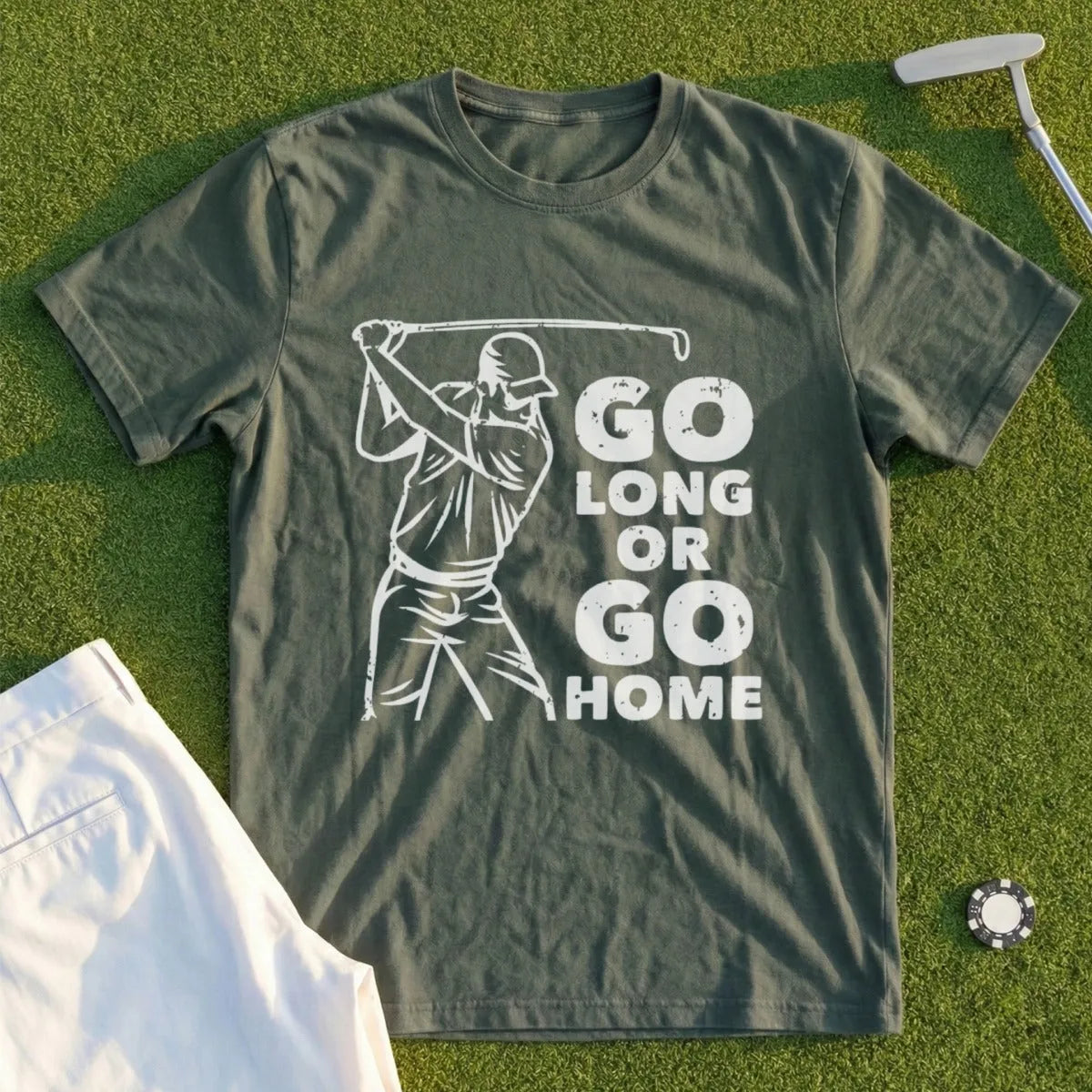 Olive green t-shirt with "GO LONG OR GO HOME" text and golfer graphic.
